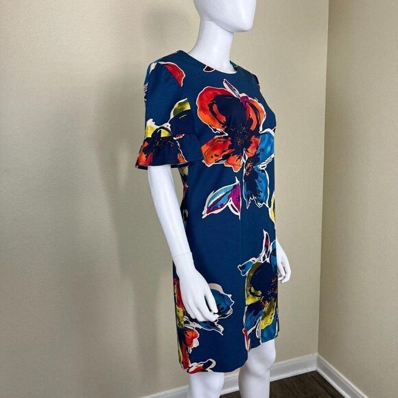 Trina Turk Mini Colorful Dress Short Sleeve Floral Stretch Crepe Shift Size XS - Picture 5 of 12